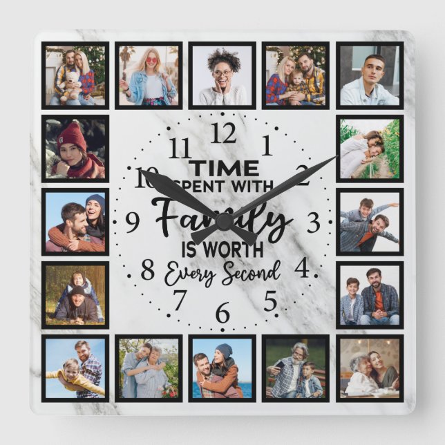 Horloge Carrée Temps passé avec la famille vaut chaque seconde (Recto)