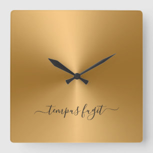 Horloge Carrée Tempus Fugit brillant style métal or acrylique