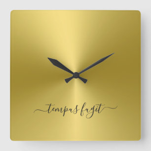 Horloge Carrée Tempus Fugit Jaune Or Style Métallurique Acrylique