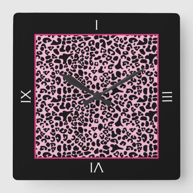 Horloge Carrée Tendance Léopard Rose Et Noir Avec Numéros Romains (Recto)