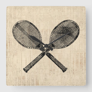 Horloge Carrée Tennis Rackets Antique Tennis Racquet Livre de Scr