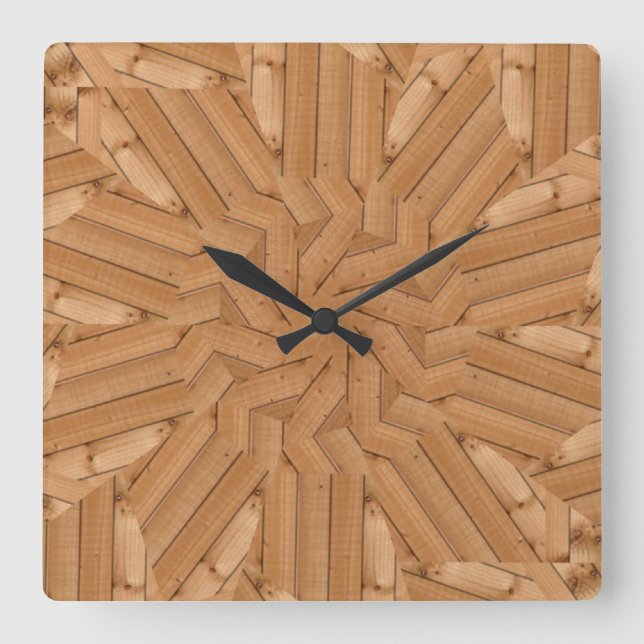 Horloge Carrée Terrasse Soleil - Sunburst en bois clair (Recto)