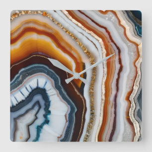 Horloge Carrée Terre Cuite Rouge Blanc Noir Bleu Or Agate Géode