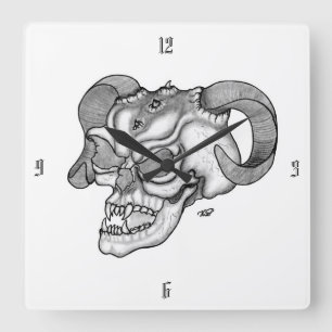 Horloge Carrée Tête de diable crâne noir et blanc