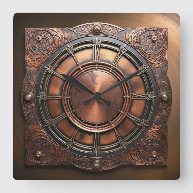 Horloge Carrée Tête de temps en cuivre Steampunk (Recto)