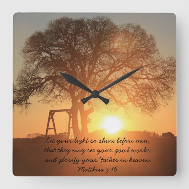 Horloge Carrée Texas Sunrise, Citation d'écriture de Matthew 5:16 (Recto)