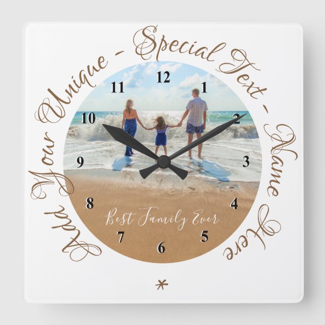 Horloge Carrée Texte et photo personnalisés avec famille votre pr (Recto)