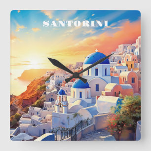 Horloge Carrée Texte personnalisé Coucher de soleil Santorin Grèc