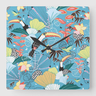 Horloge Carrée Texture tropicale avec des toucans et des colibris