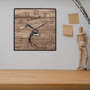 Horloge Carrée The Fishing Life with Fish Rod Reel Line Hook 