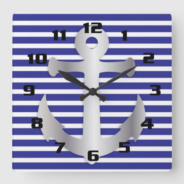 Horloge Carrée Thème Nautique Bleu Motif de Ancre (Recto)