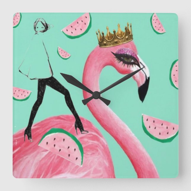 Horloge Carrée Tickled pink & Teal Flamingo cute pop art clock (Recto)