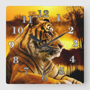Horloge Carrée Tigre et coucher du soleil