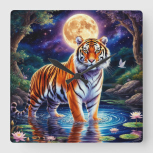 Horloge Carrée Tigre majestueux dans un paysage Imaginaire clair 