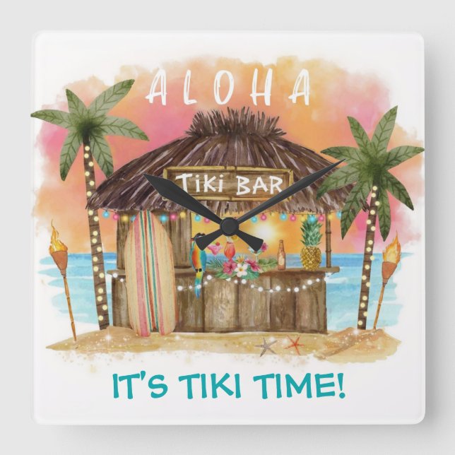 Horloge Carrée Tiki Time Tropical Beach Bar Surf & mer (Recto)
