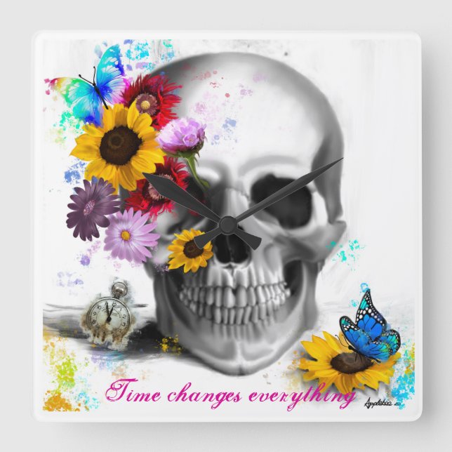 Horloge Carrée Time changes everything fly skull (Recto)