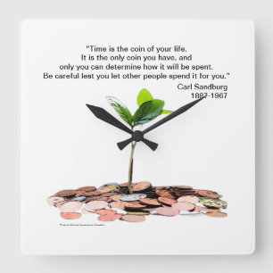 Horloge Carrée Time quote, Carl Sandburg, blanc