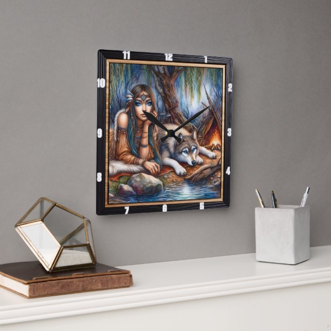 Horloge Carrée Timekeeper indien : Wolf et Maiden's Glade (Bureau)