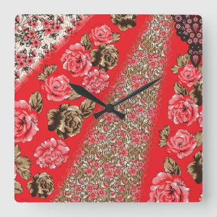 Horloge Carrée Tissu rouge éclatant avec floral complexe et
