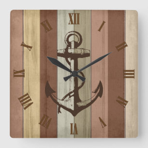 Horloge Carrée Tonage de la Terre rustique Bois Rayures et Ancres