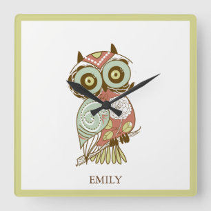 Horloge Carrée Tons pastel colorés Fleur Hibou Rétro