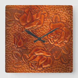 Horloge Carrée Tooled Western Leather Roses Clock