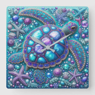 Horloge Carrée Tortue de mer Bling bleu pourpre Turquoise