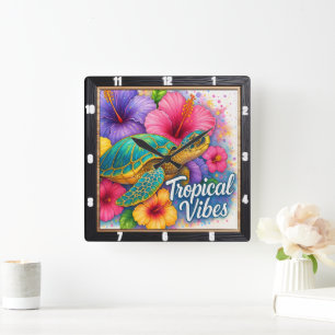 Horloge Carrée Tortue Tropical Vibes Art