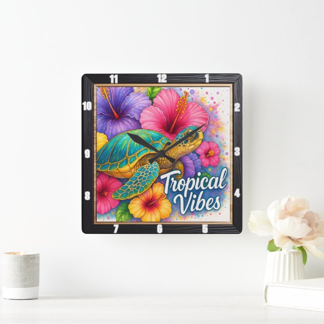 Horloge Carrée Tortue Tropical Vibes Art (Maison)