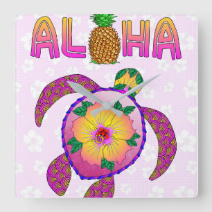 Horloge Carrée Tortue Tropicale Aloha