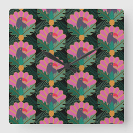 Horloge Carrée Toucans & ananas Tropical Art Déco