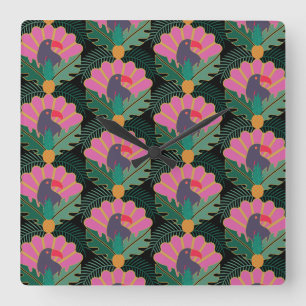 Horloge Carrée Toucans & ananas Tropical Art Déco