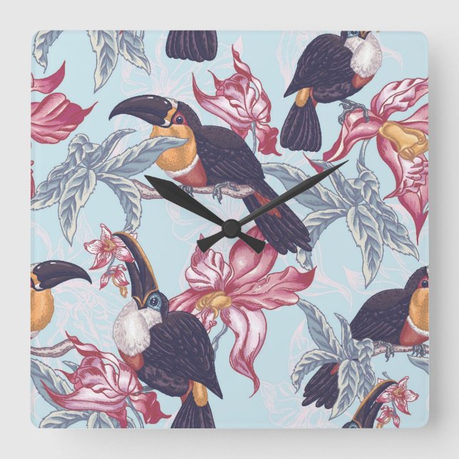 Horloge Carrée Toucans Avec Fleurs Exotiques (Recto)