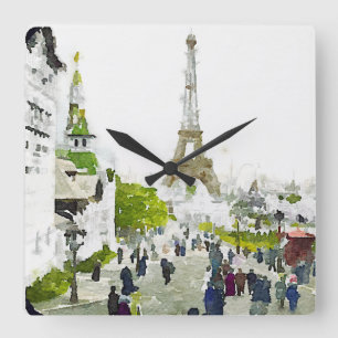 Horloge Carrée Tour Eiffel Couleur Aquarelle