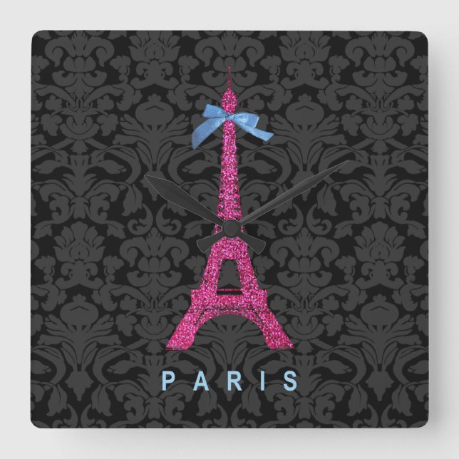 Horloge Carrée Tour Eiffel rose chaud en faux parties scintillant (Recto)