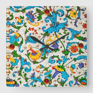 HORLOGE CARRÉE TOURBILLONS FLORAUX BLEUS DE LA RENAISSANCE FLOREN
