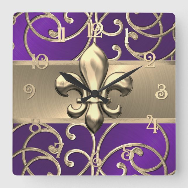 Horloge Carrée Tourbillons violets et filés d'or Fleur de Lis (Recto)