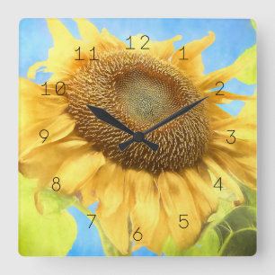 Horloge Carrée Tournesol Aquarelle Pays Bleu Jaune Russe
