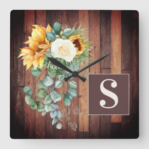 Horloge Carrée Tournesol Russe Bois Eucalyptus Feuille Monogramme