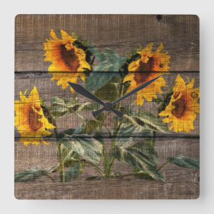 Horloge Carrée Tournesol rustique en bois