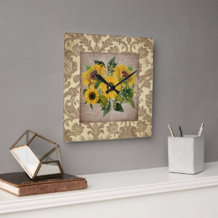 Horloge Carrée Tournesols Jaunes Rustiques Toile de Jute Damassé