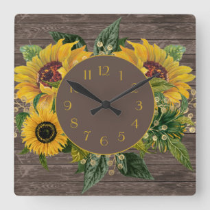 Horloge Carrée Tournesols jaunes Soleil Bois rustique Campagne