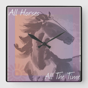 Horloge Carrée "Tous les chevaux tout le temps" Aquarelle murale