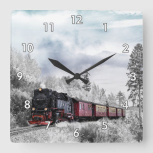 Horloge Carrée Train Locomotive à vapeur traversant la neige