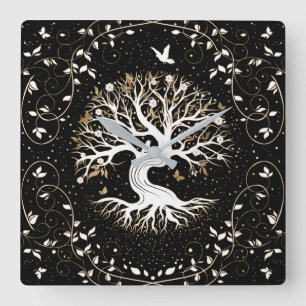 Horloge Carrée Tree of Life - Yggdrasil - black white and gold