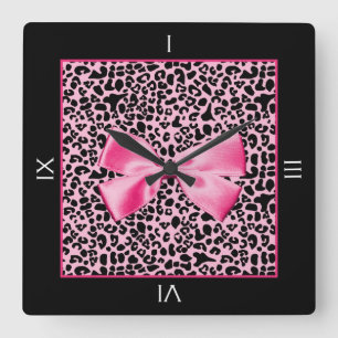 Horloge Carrée "Trendy Pink And Black Leopard Hot Pink Ribbon