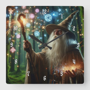 Horloge Carrée Très Cool & Coloré Magicien Lancant un Sortilège