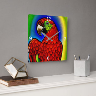 Horloge Carrée Trésor Tropical : Abstraite oeuvre de perroquet dy