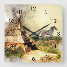 Horloge Carrée Tribal Tipi et indien Pony Boho Horse Teepee