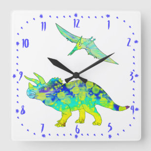 Horloge Carrée Tricératops Pterodactyle Vert Dinosaure Psychéd